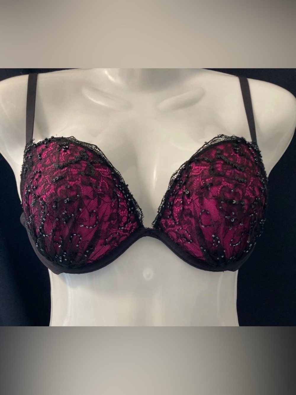 La Senza 34C Black Pink Lace Sequin Push Up Bra